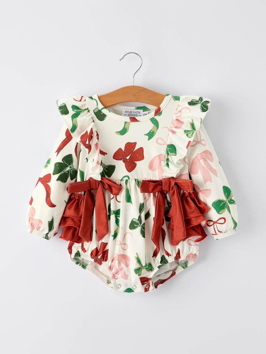 Holiday Print Christmas Baby Girl Romper with Bow Ruffles