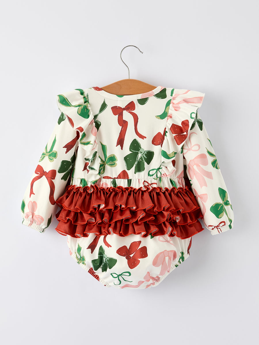 Holiday Print Christmas Baby Girl Romper with Bow Ruffles