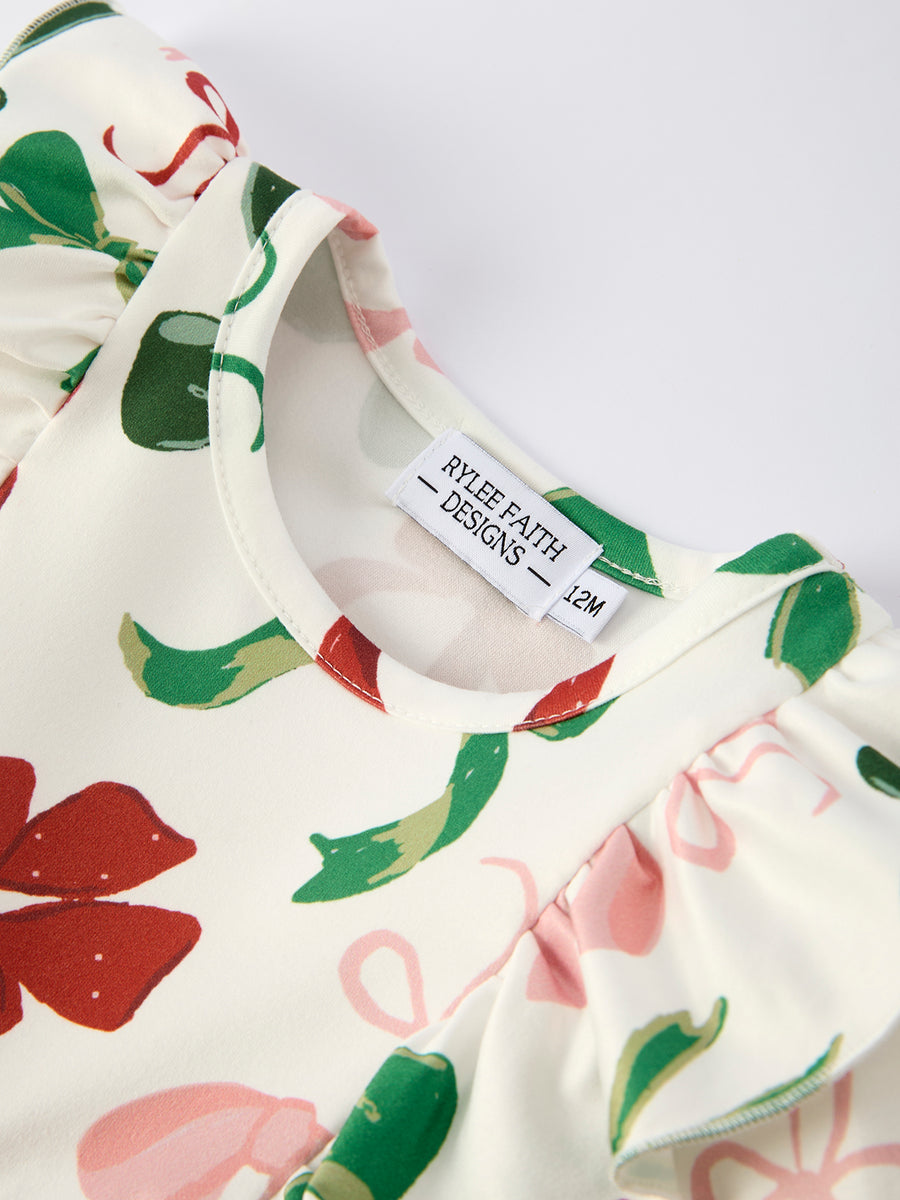 Holiday Print Christmas Baby Girl Romper with Bow Ruffles