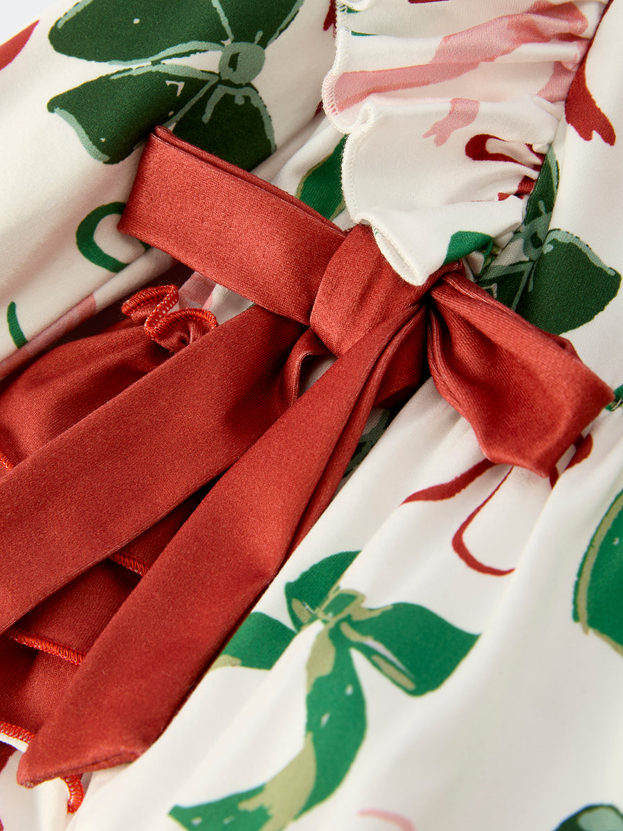 Holiday Print Christmas Baby Girl Romper with Bow Ruffles