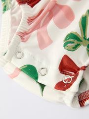 Holiday Print Christmas Baby Girl Romper with Bow Ruffles