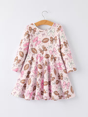 Girls Pink Dress with Football and Bow Print