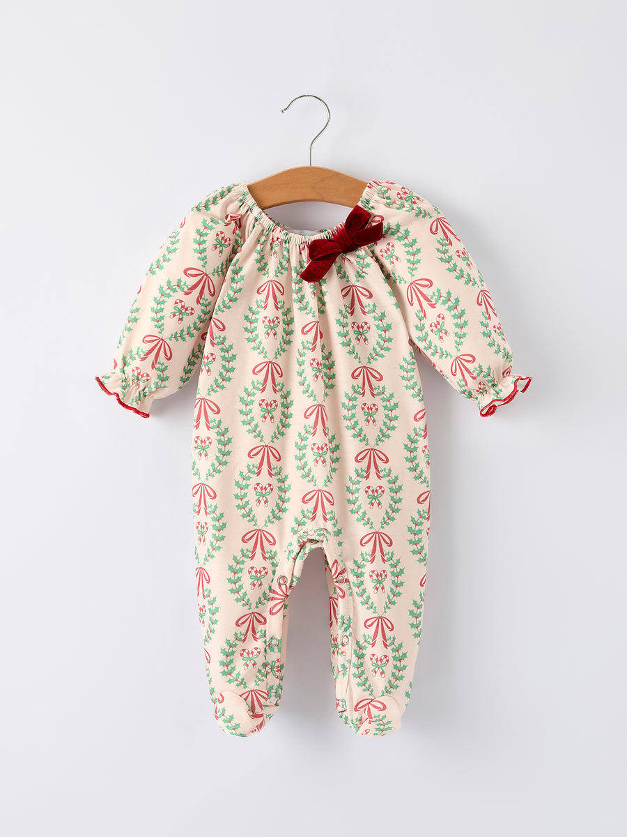 Christmas Wreath Print Baby Girls Romper Long Sleeve Holiday Outfit