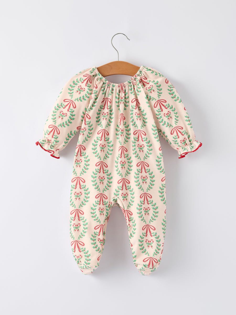Christmas Wreath Print Baby Girls Romper Long Sleeve Holiday Outfit