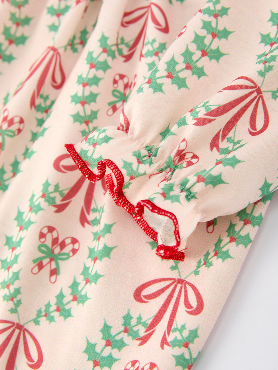 Christmas Wreath Print Baby Girls Romper Long Sleeve Holiday Outfit