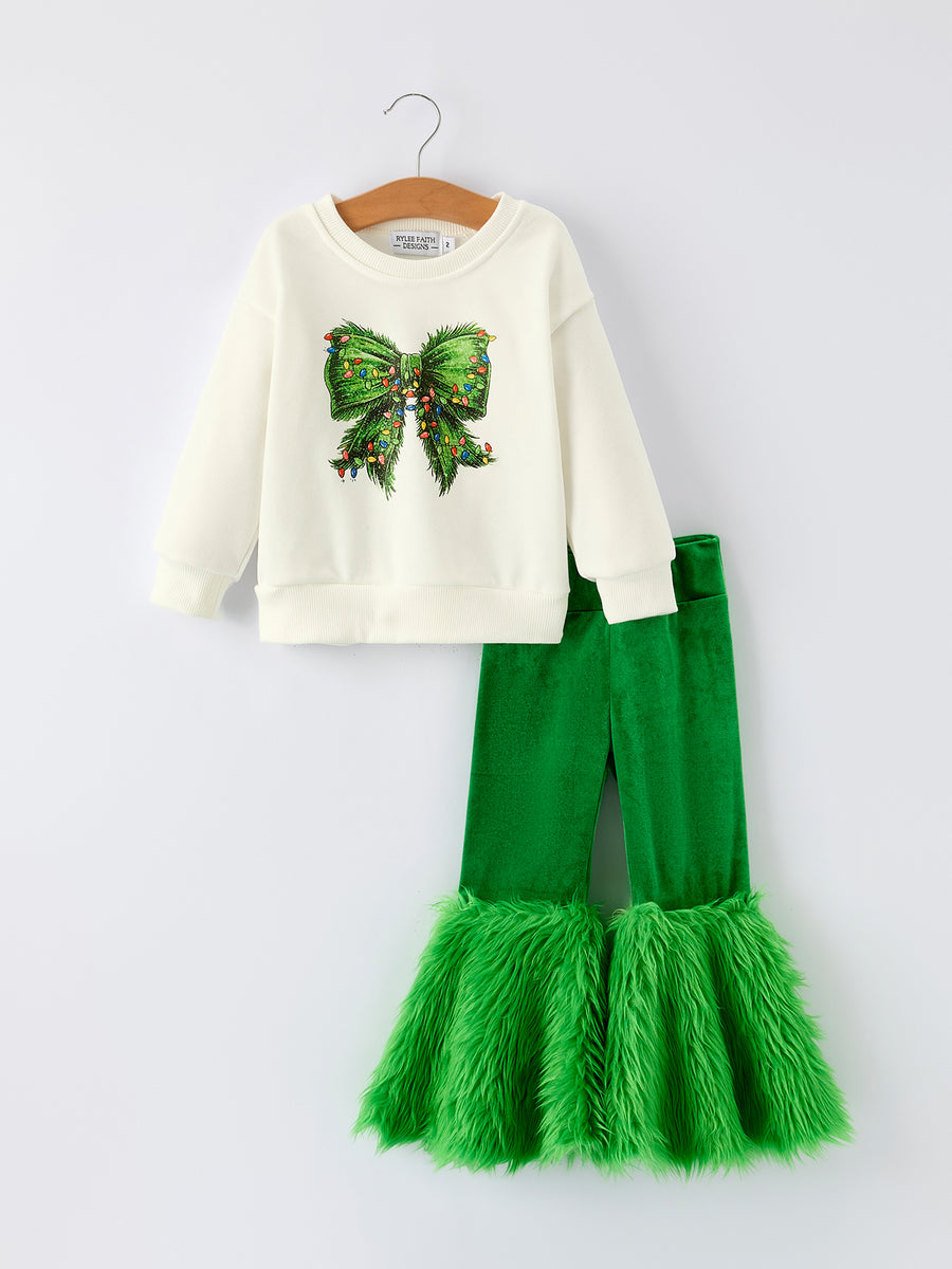 Mommy & Me Christmas Bow Print Girls Outfit with Green Furry Bell Bottoms