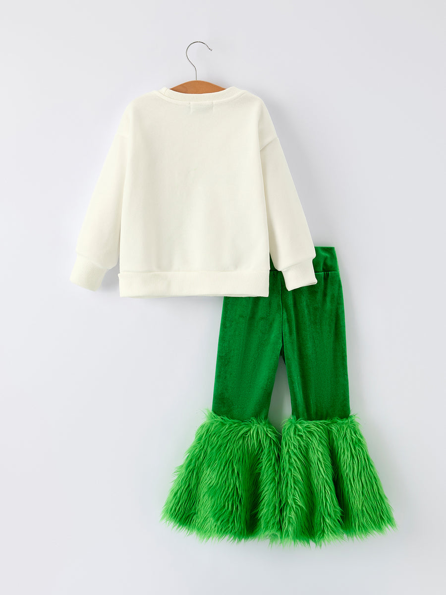 Mommy & Me Christmas Bow Print Girls Outfit with Green Furry Bell Bottoms