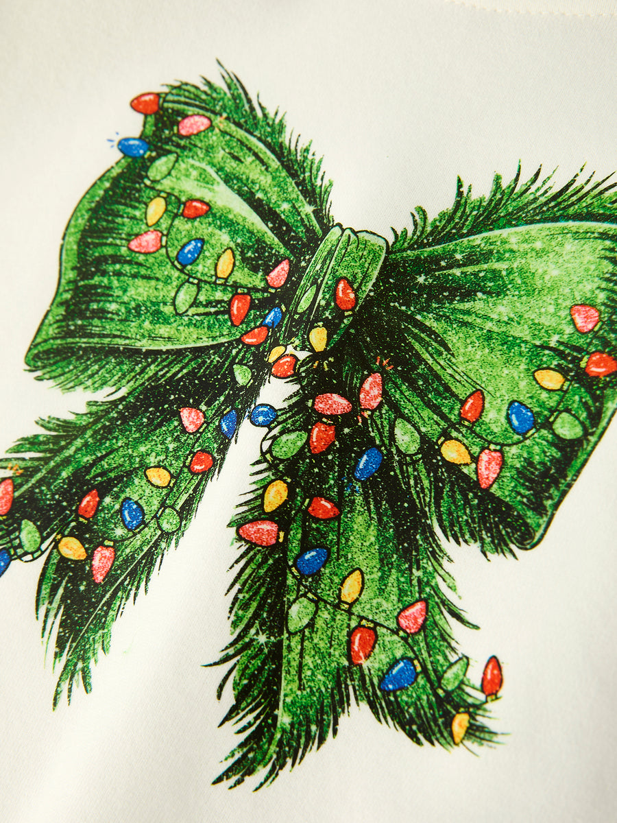 Mommy & Me Christmas Bow Print Girls Outfit with Green Furry Bell Bottoms
