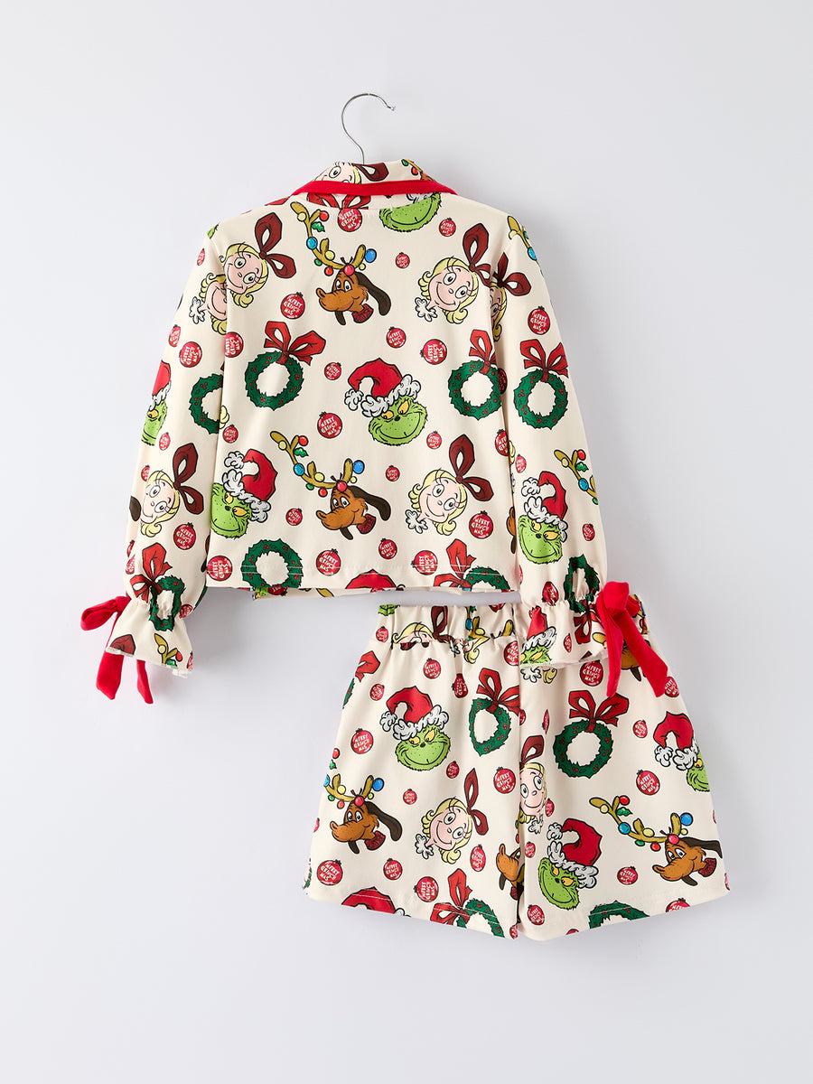 Christmas Wreath Character Print Girls Pajama Set