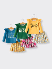 Autumn and Winter Plaid Floral Letter Girls Outfit 6-Piece Set