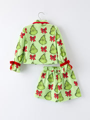 Green Christmas  Character Bow Print Girls Pajama Set