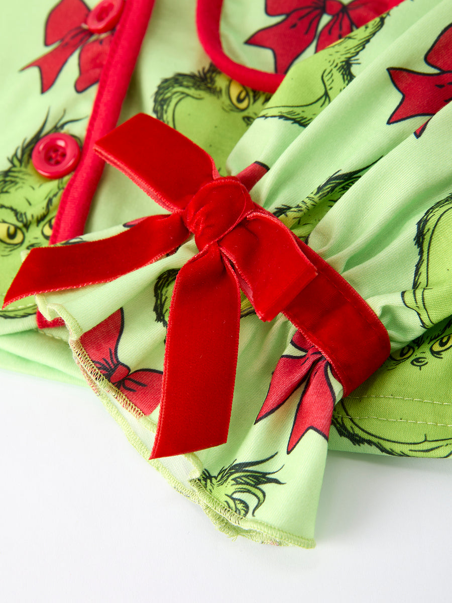 Green Christmas  Character Bow Print Girls Pajama Set