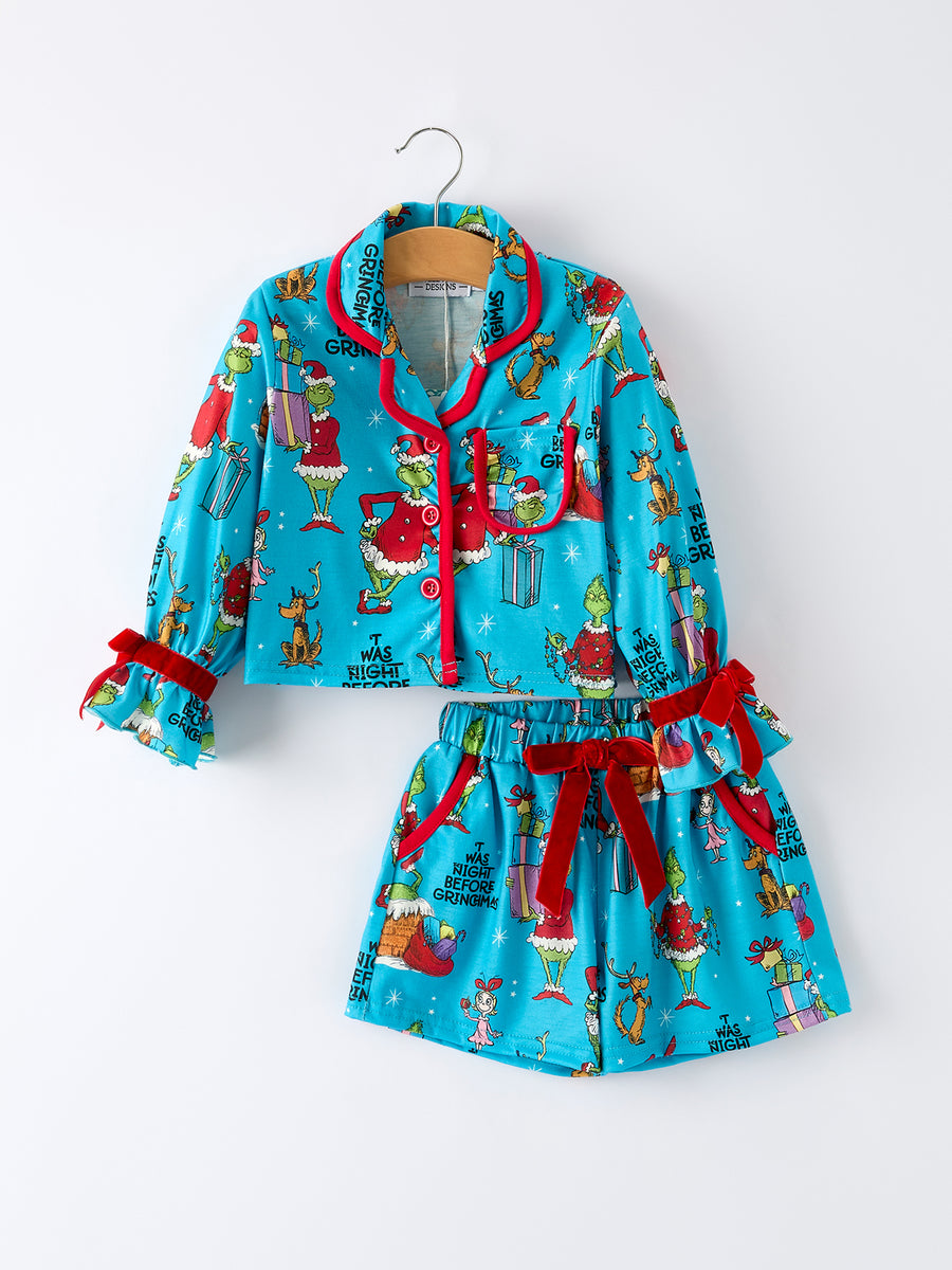 Character Christmas Santa Claus Print Blue Short Pajamas Set