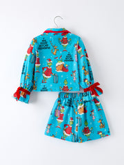 Character Christmas Santa Claus Print Blue Short Pajamas Set