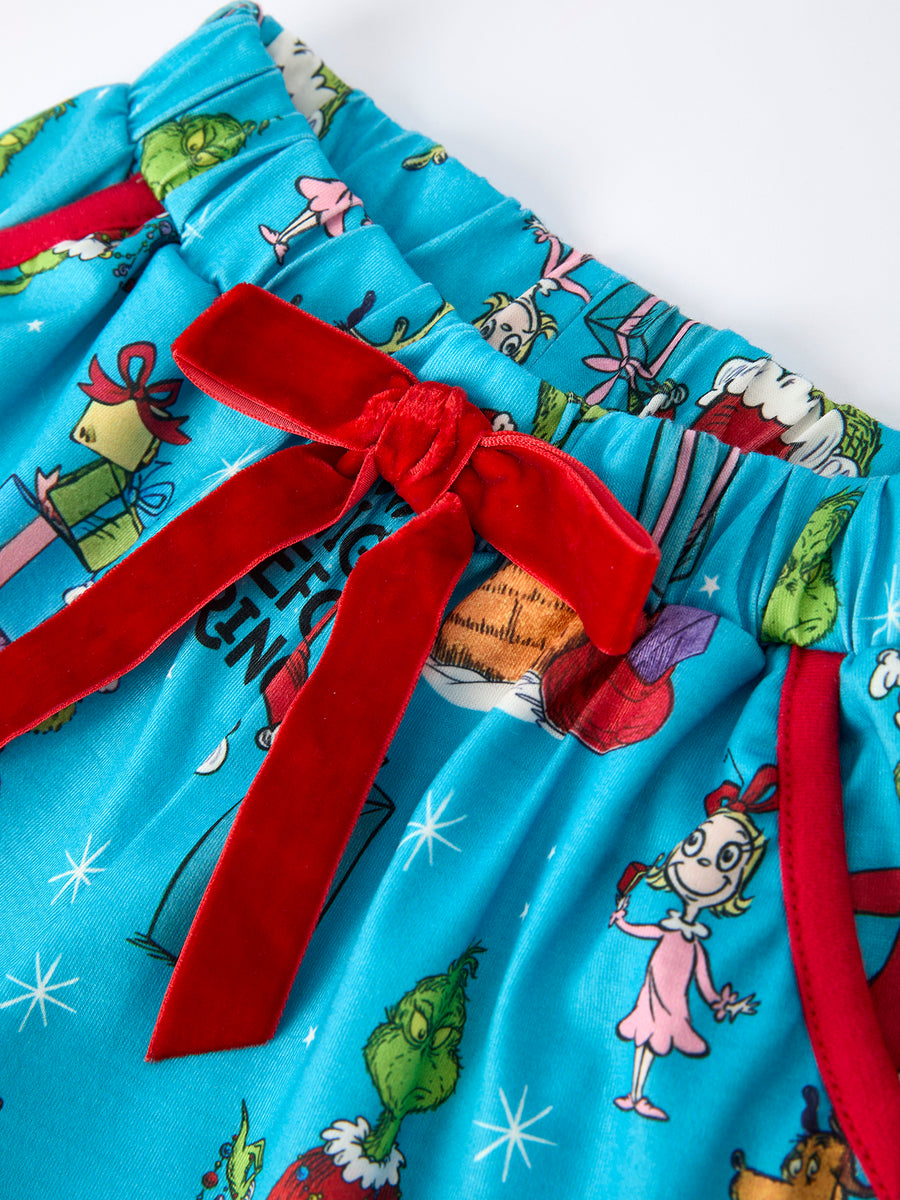 Character Christmas Santa Claus Print Blue Short Pajamas Set