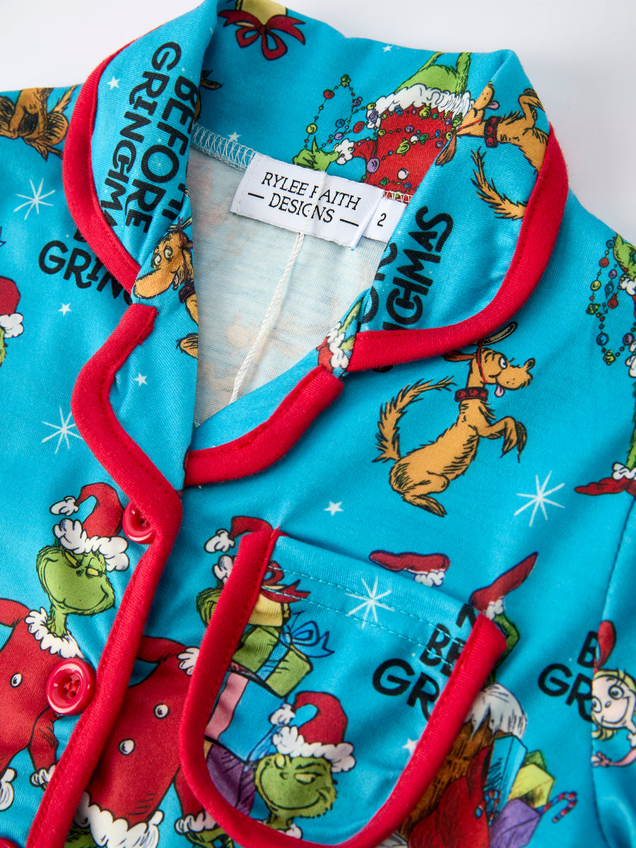 Character Christmas Santa Claus Print Blue Short Pajamas Set
