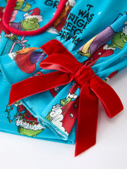 Character Christmas Santa Claus Print Blue Short Pajamas Set