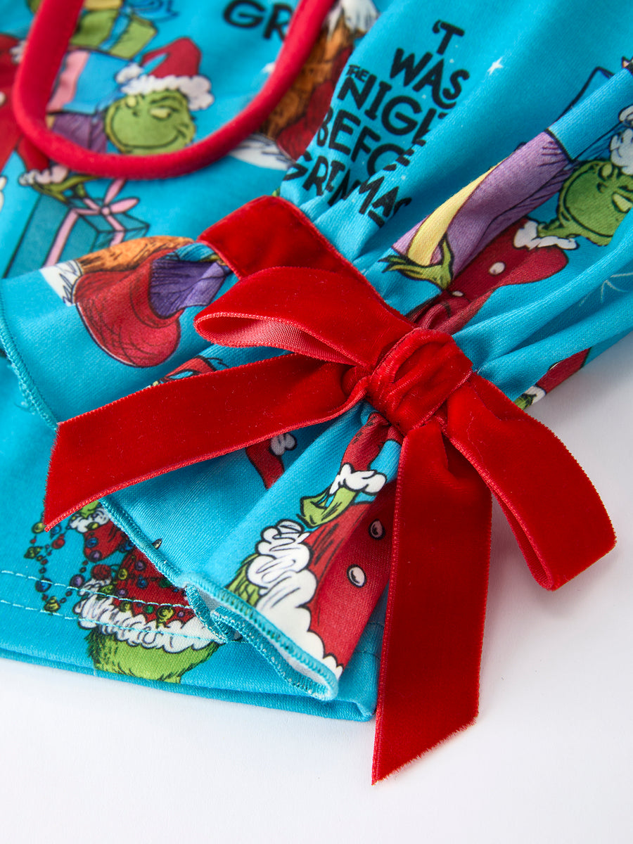 Character Christmas Santa Claus Print Blue Short Pajamas Set