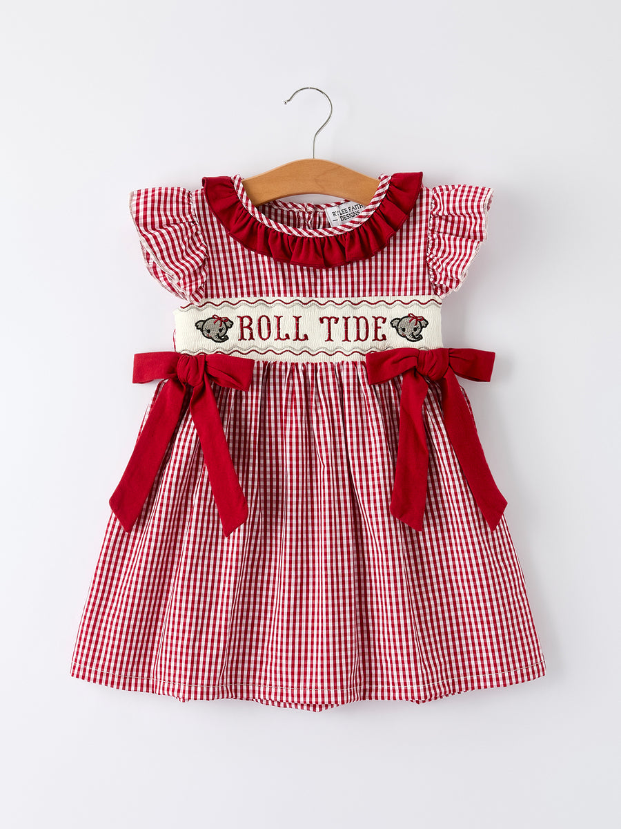 Roll Tide Embroidery Gingham Girl Dress with Red Bow