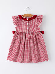 Roll Tide Embroidery Gingham Girl Dress with Red Bow
