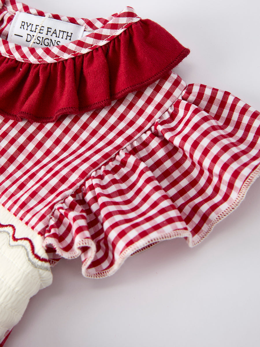 Roll Tide Embroidery Gingham Girl Dress with Red Bow