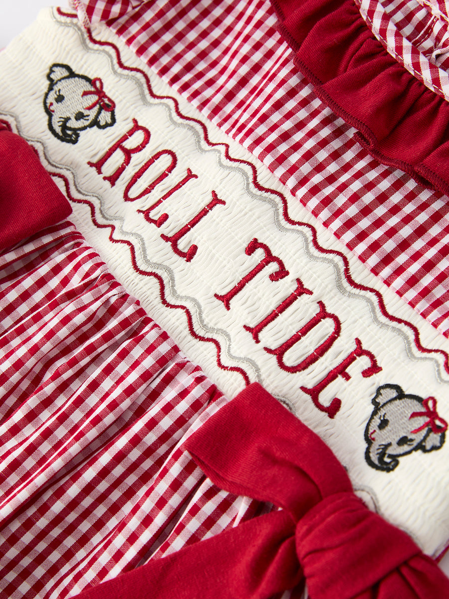 Roll Tide Embroidery Gingham Girl Dress with Red Bow