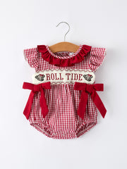 Roll Tide Embroidery Gingham Baby Girl Romper with Red Bow