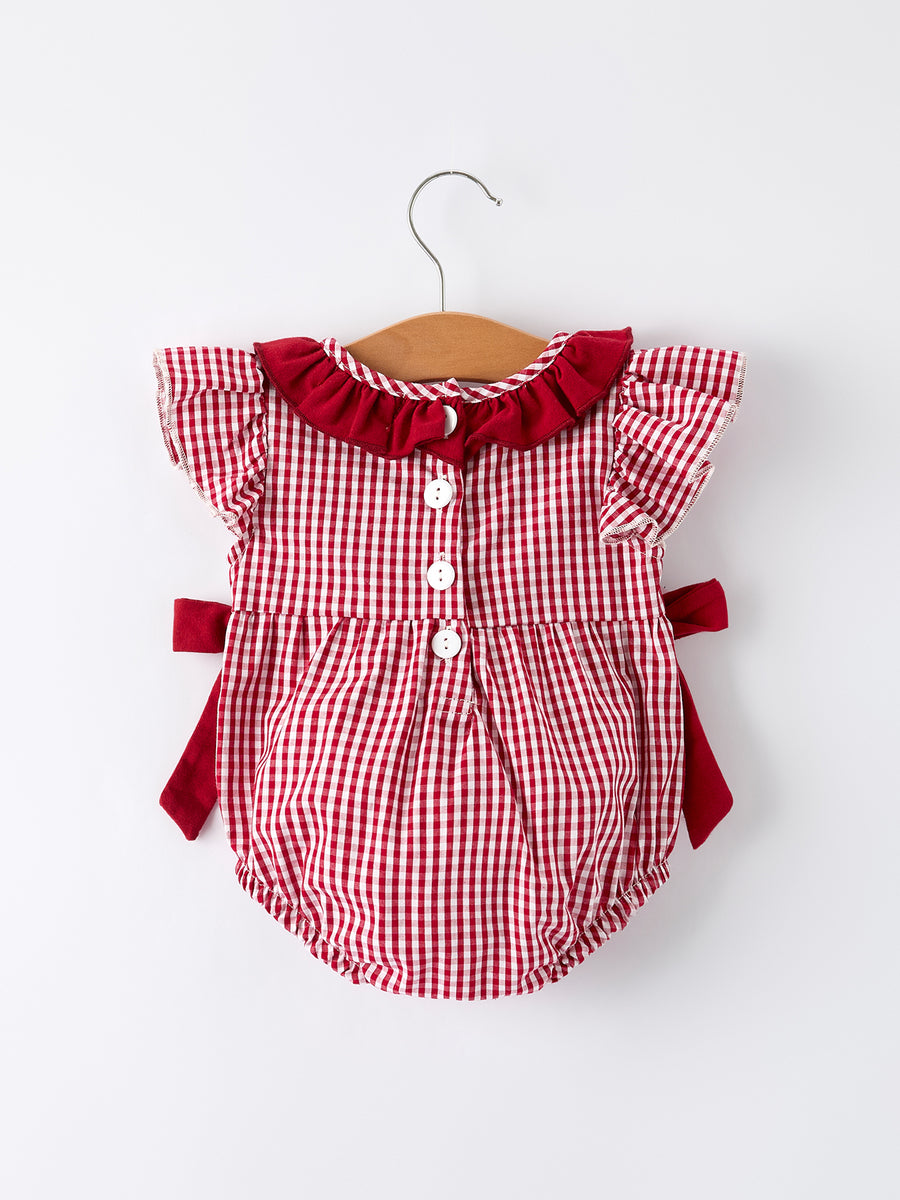 Roll Tide Embroidery Gingham Baby Girl Romper with Red Bow