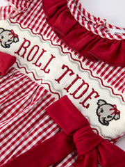 Roll Tide Embroidery Gingham Baby Girl Romper with Red Bow