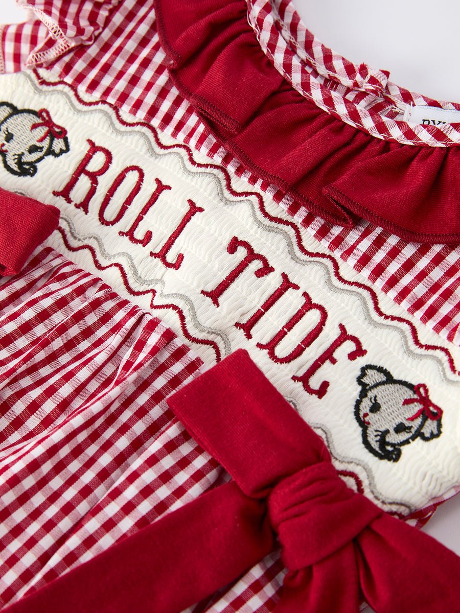 Roll Tide Embroidery Gingham Baby Girl Romper with Red Bow