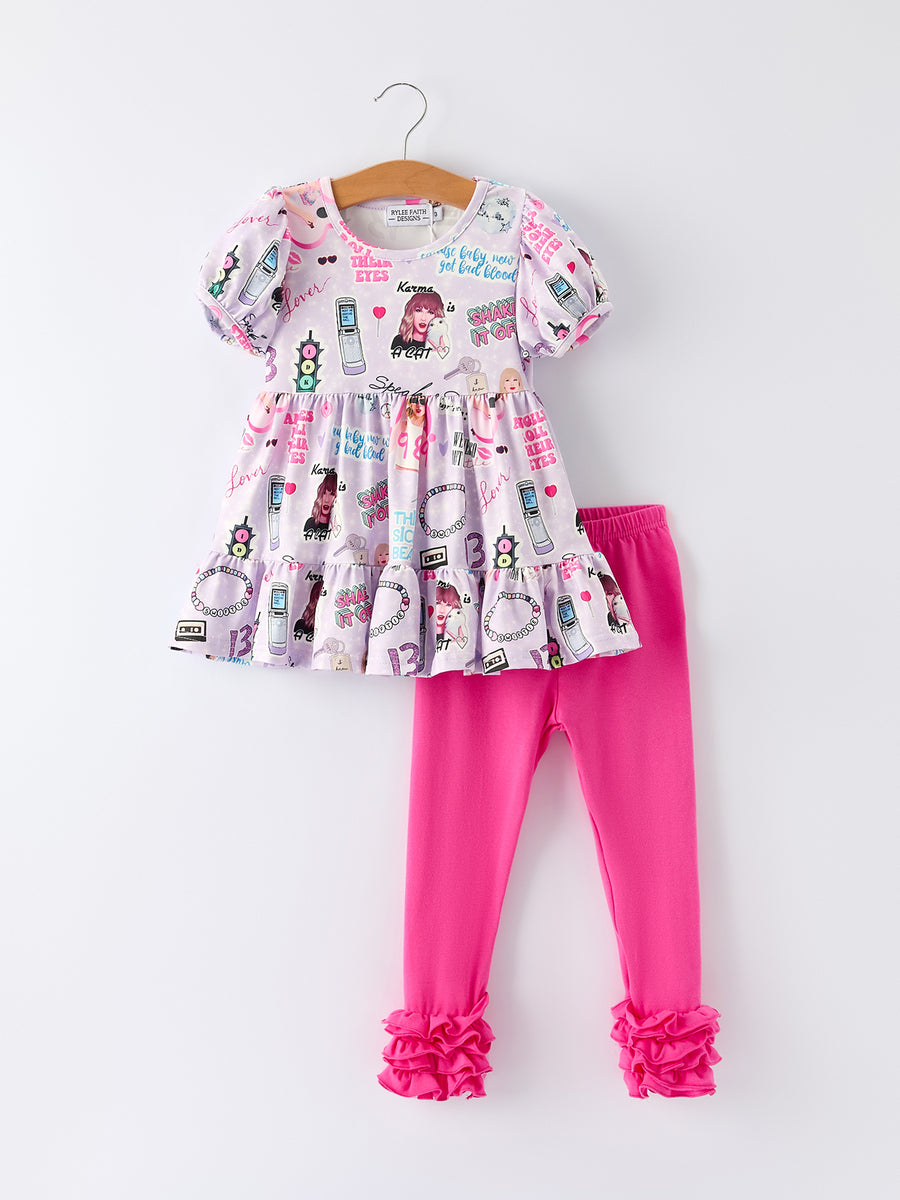 Christmas Purple TS Print Ruffle Sleeve Top and Leggings Girls Set