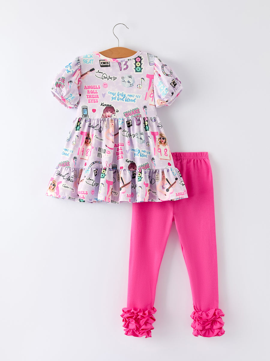 Christmas Purple TS Print Ruffle Sleeve Top and Leggings Girls Set