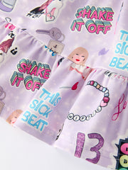 Christmas Purple TS Print Ruffle Sleeve Top and Leggings Girls Set