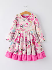 Pink TS Print Ruffle Girls' Long Sleeve Christmas Dress