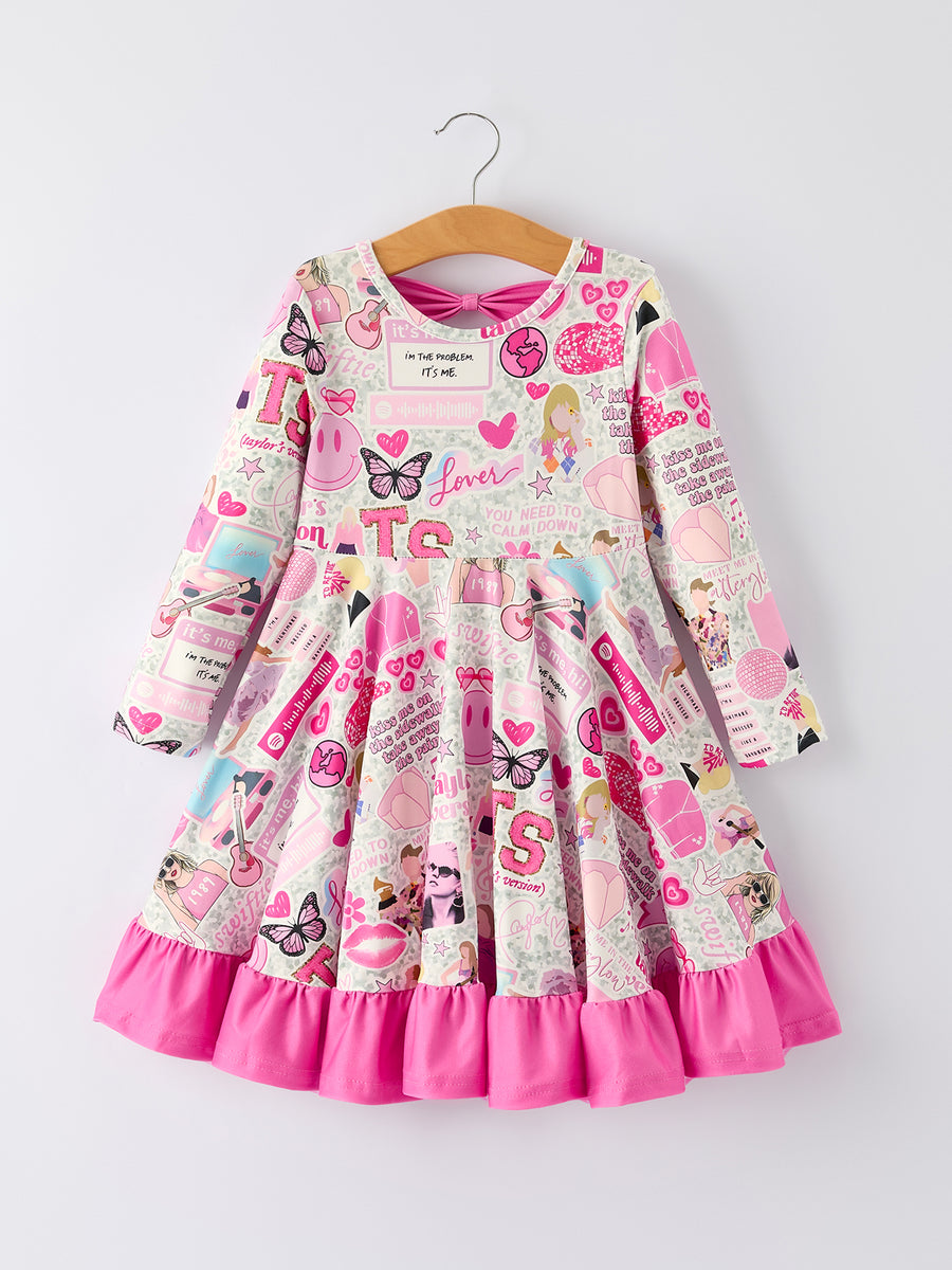 Pink TS Print Ruffle Girls' Long Sleeve Christmas Dress