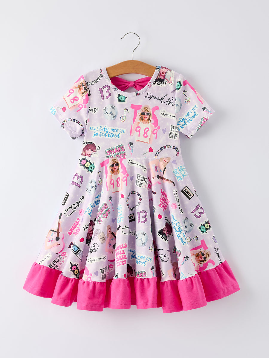 Purple TS Print Ruffle Girls' Short Sleeve Christmas Dress
