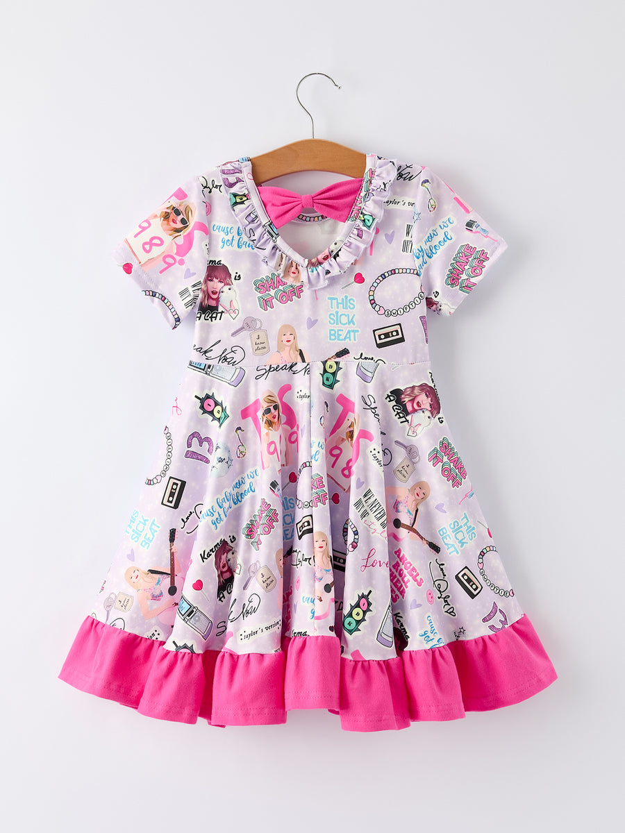 Purple TS Print Ruffle Girls' Short Sleeve Christmas Dress