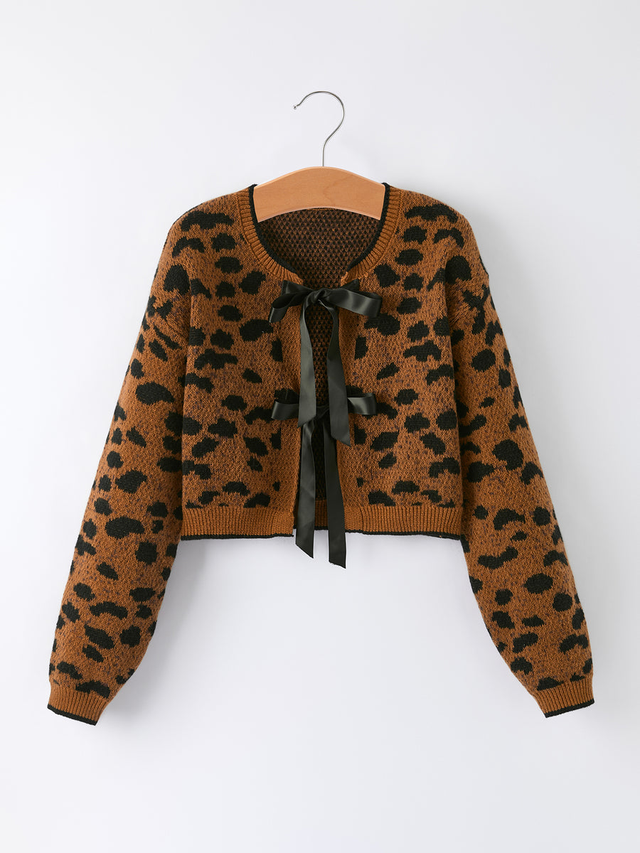 Mommy and Me Leopard Sweater Cardigan with Black Ribbon Bows