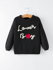 Valentine’s Day Boys Black Knitted Pullover Sweater with White "Lover Boy"  Embroidery