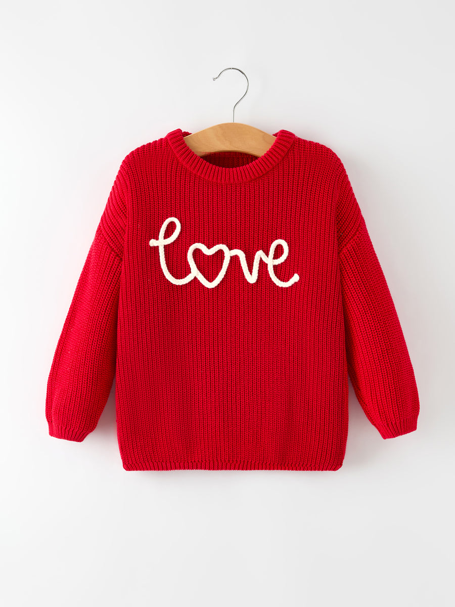 Valentine’s Day Girls Red Knit Sweater – "Love" Heart Embroidery Long Sleeve Pullover