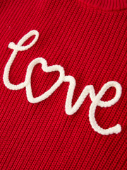 Valentine’s Day Girls Red Knit Sweater – "Love" Heart Embroidery Long Sleeve Pullover
