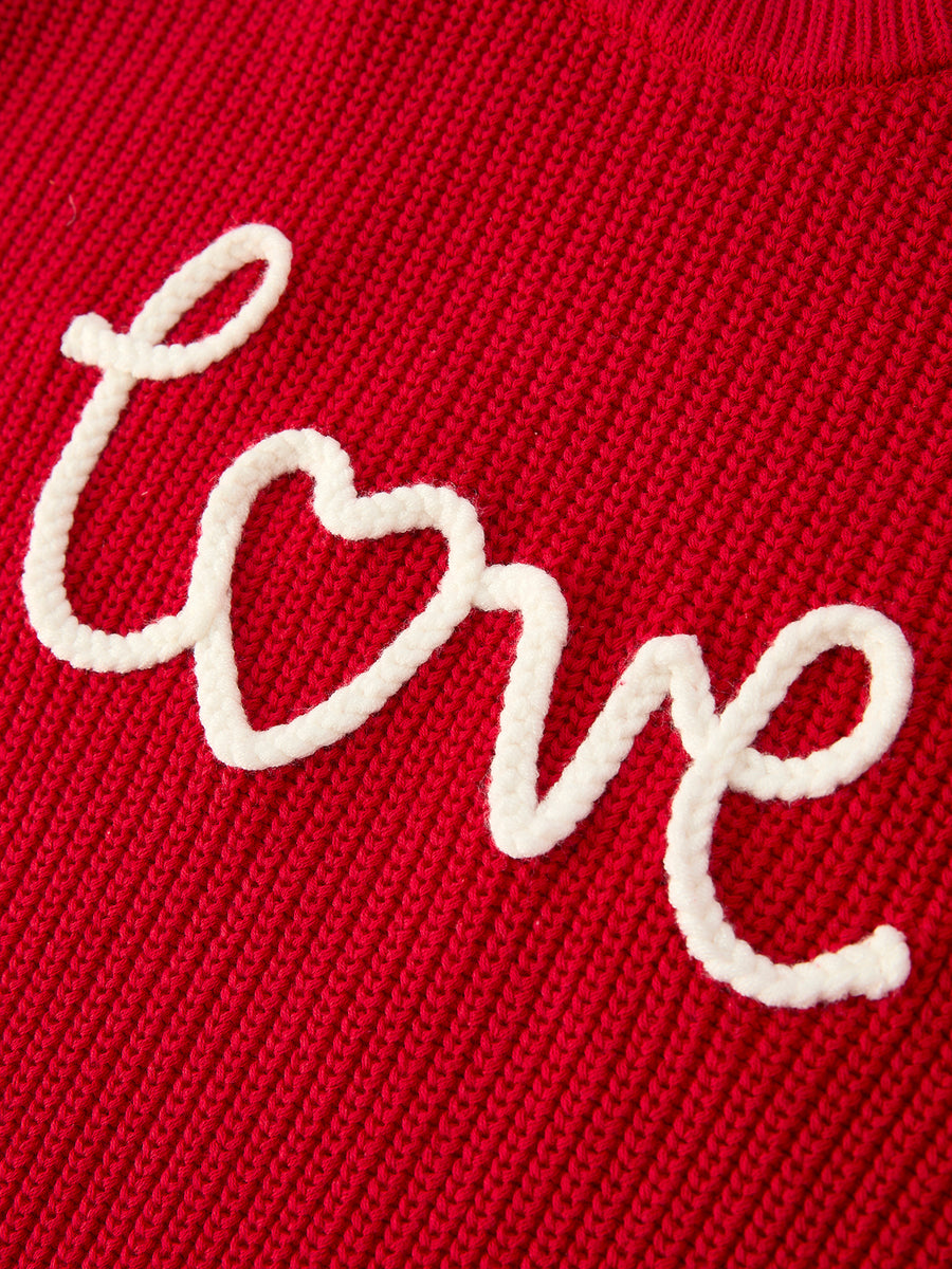 Valentine’s Day Girls Red Knit Sweater – "Love" Heart Embroidery Long Sleeve Pullover