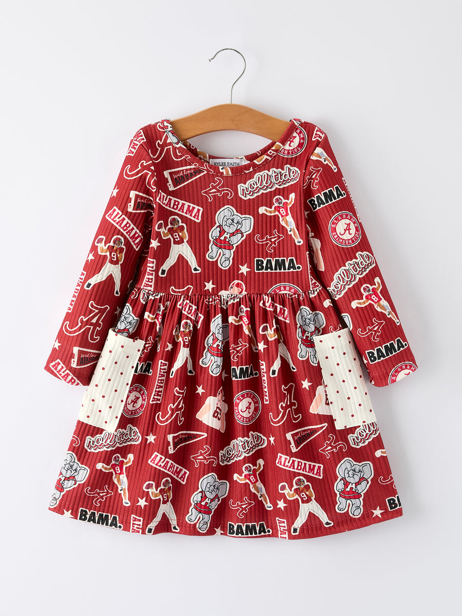 Girls Football Print Long Sleeve Dress Patch Pocket