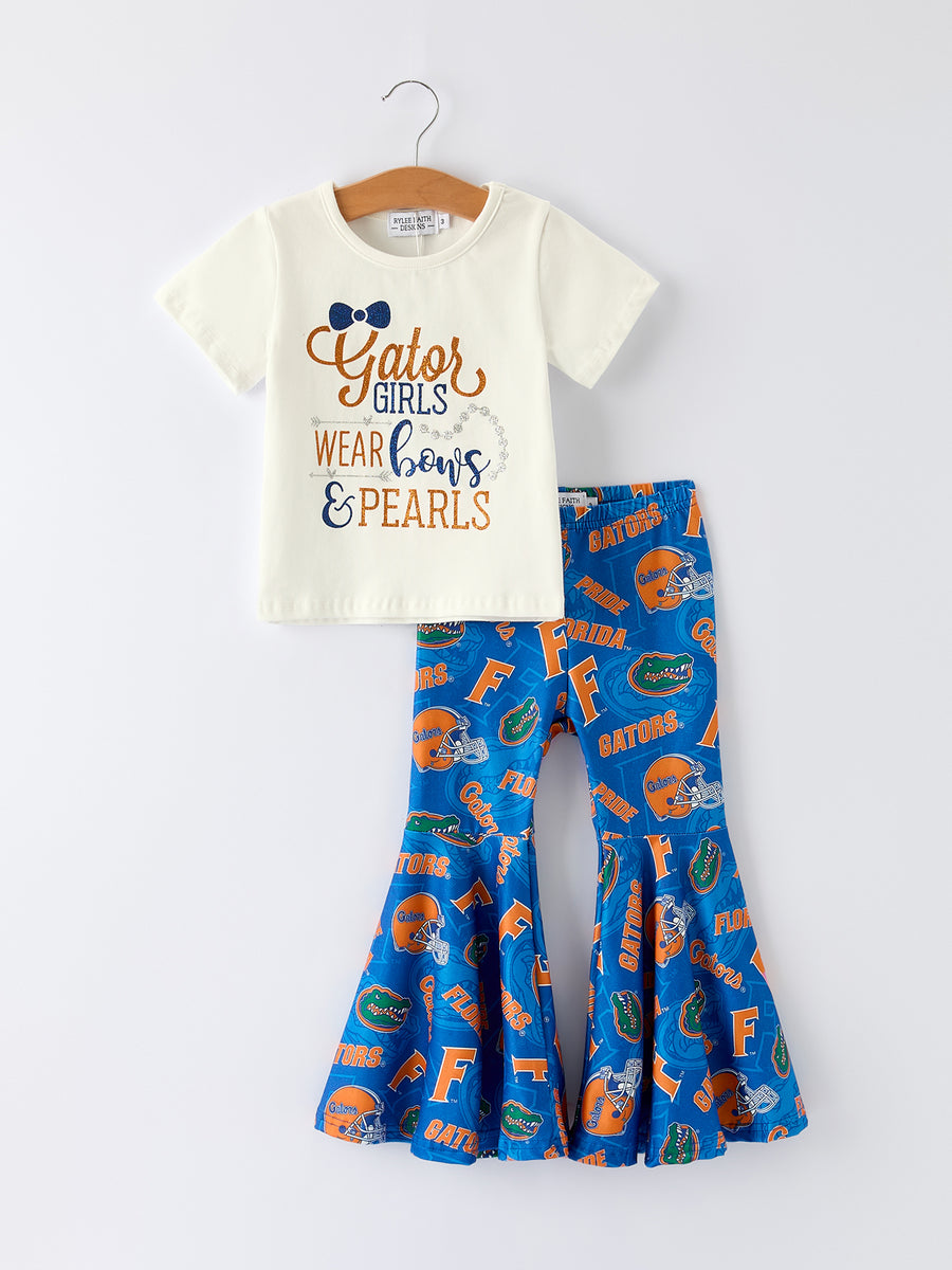 Girls Sports Style Outfit with Football Bell Bottoms and Letter Print Top