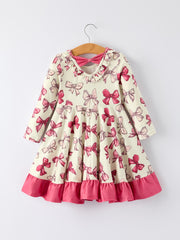 Girls Long Sleeve Dress with Pink Bow Print and Ruffle Hem