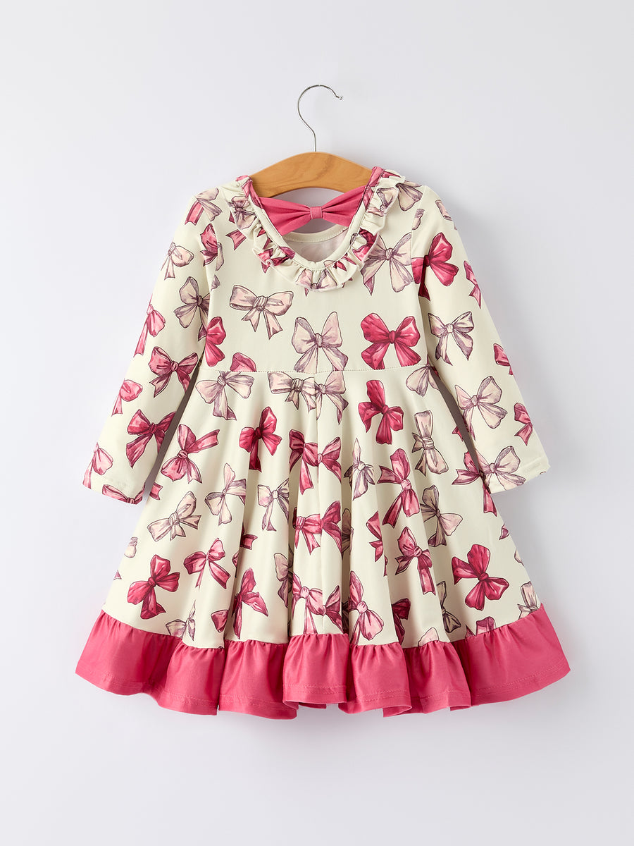 Girls Long Sleeve Dress with Pink Bow Print and Ruffle Hem