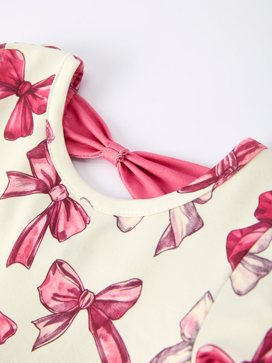 Girls Long Sleeve Dress with Pink Bow Print and Ruffle Hem