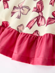 Girls Long Sleeve Dress with Pink Bow Print and Ruffle Hem