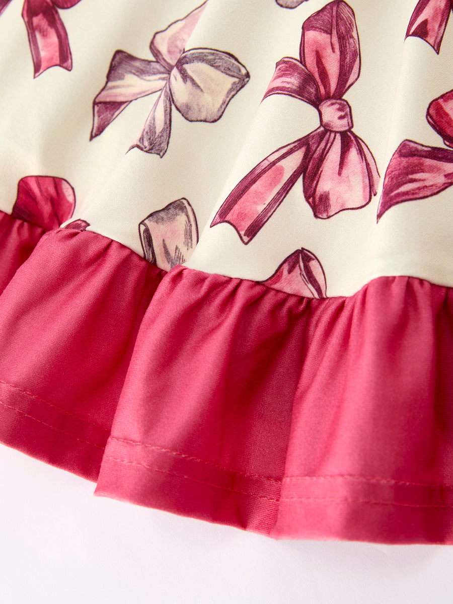 Girls Long Sleeve Dress with Pink Bow Print and Ruffle Hem