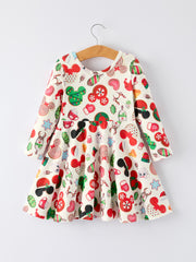 Christmas Character Cookie Print Girls Long Sleeve Dress